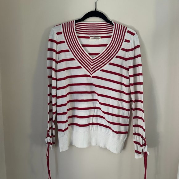 Anthropologie Sweaters - Anthropologie Red and White Nautical V Neck Sweater